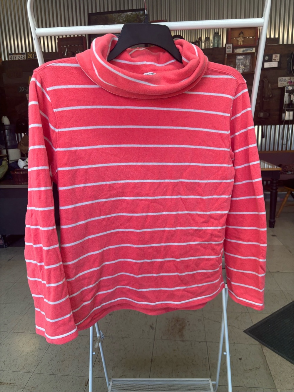 J. Crew Coral and White Striped Cowl Neck Sweater